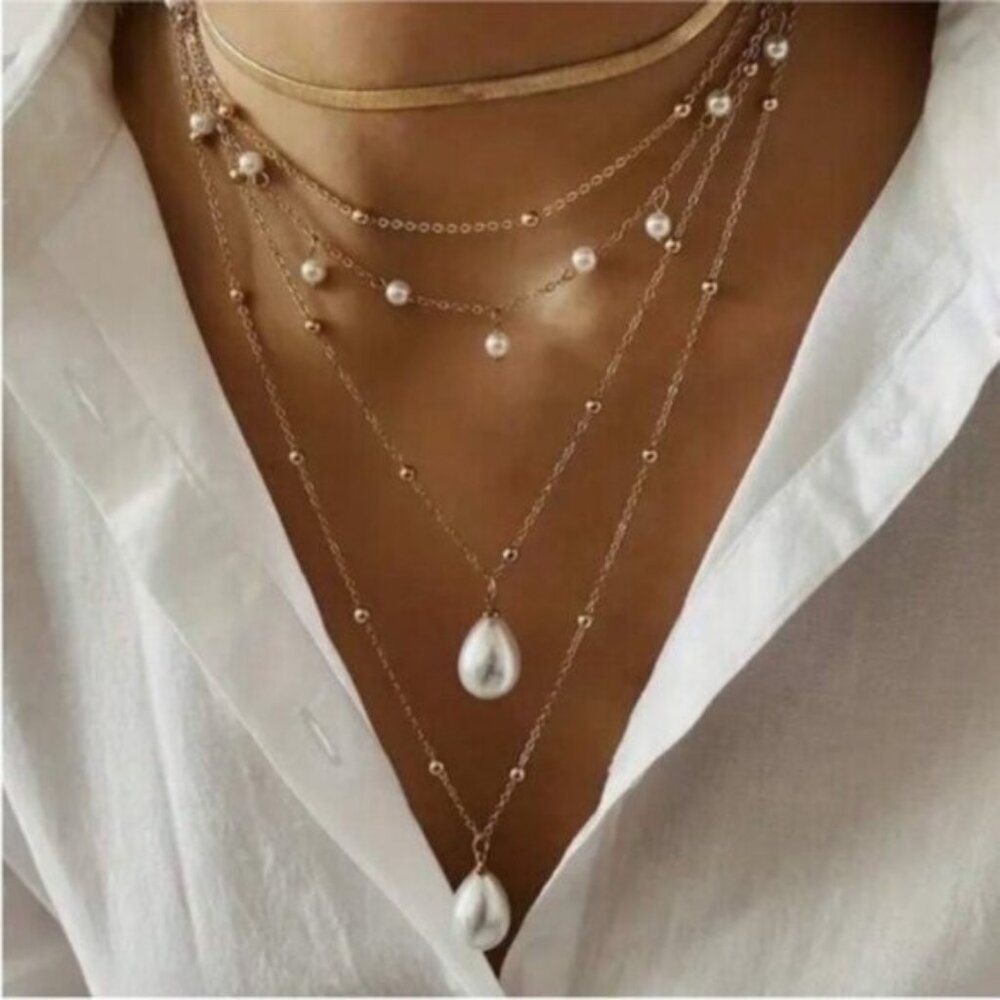 New! Zara Pearl Gold Stack Necklace Set NWOT